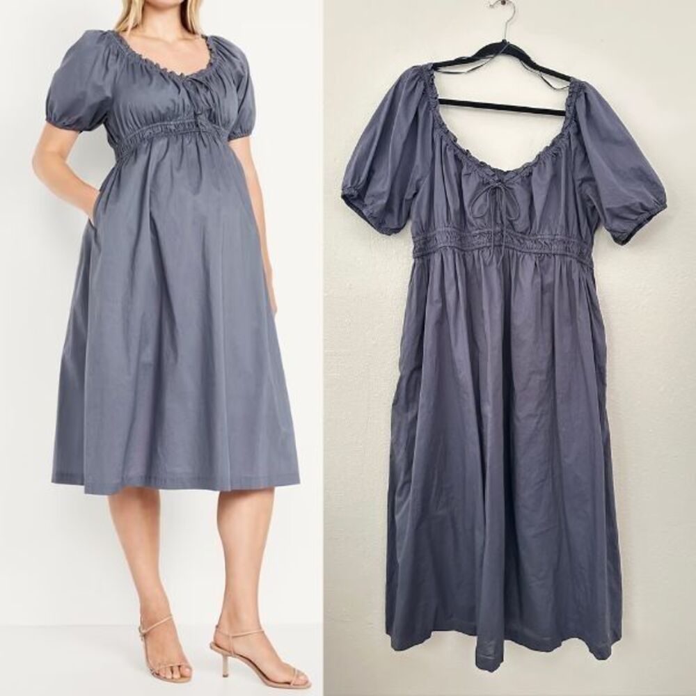 Old Navy Maternity Milkmaid Puff-Sleeve Midi Dress Inkwell Blue Light Women's XL
